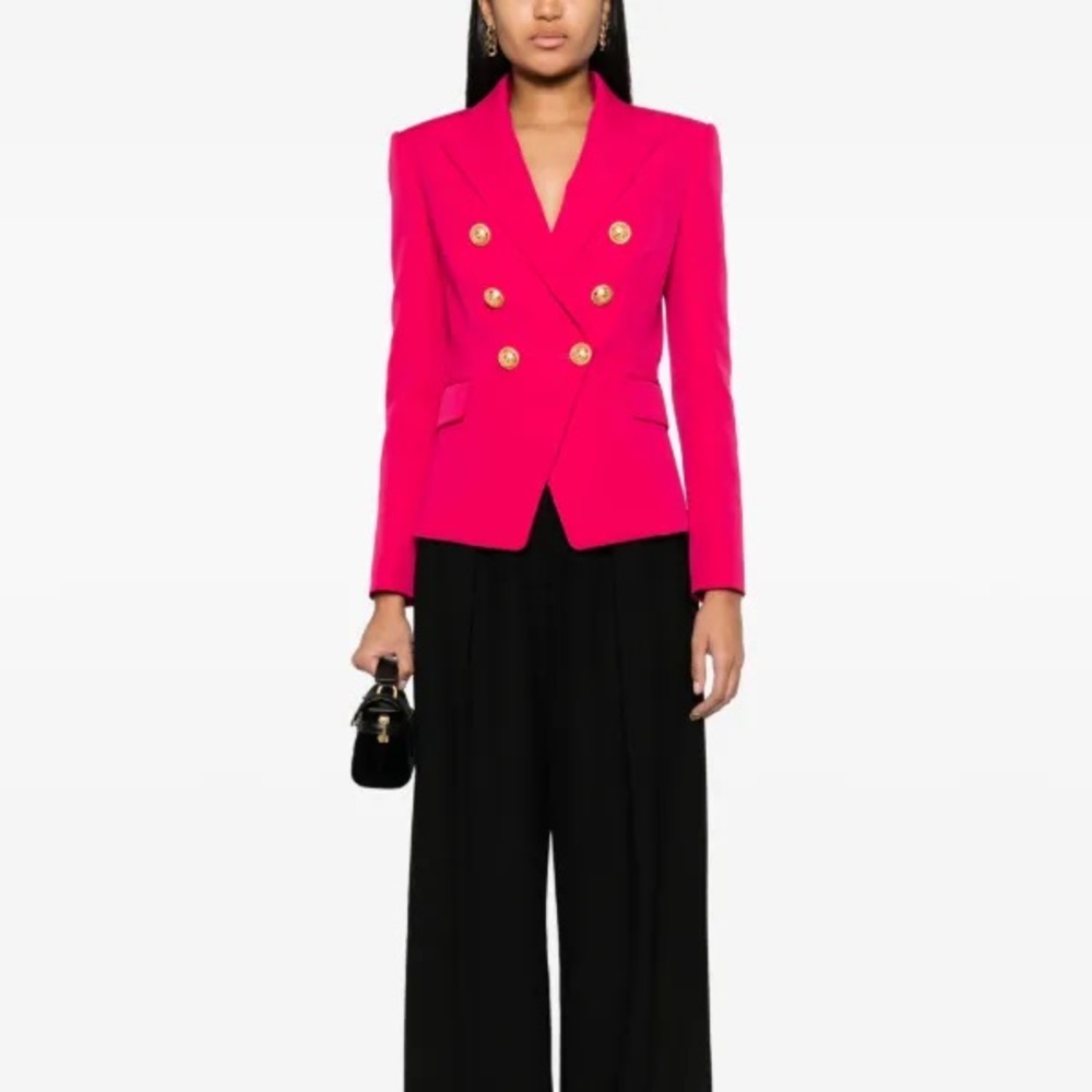 Fabulous Balmain Fuchsia Double-Breasted Blazer with Gold Buttons